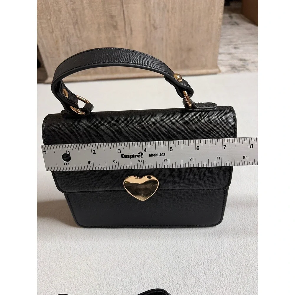 Black Heart Closure Crossbody Top Handle Handbag Women Small Textured Gold Tone